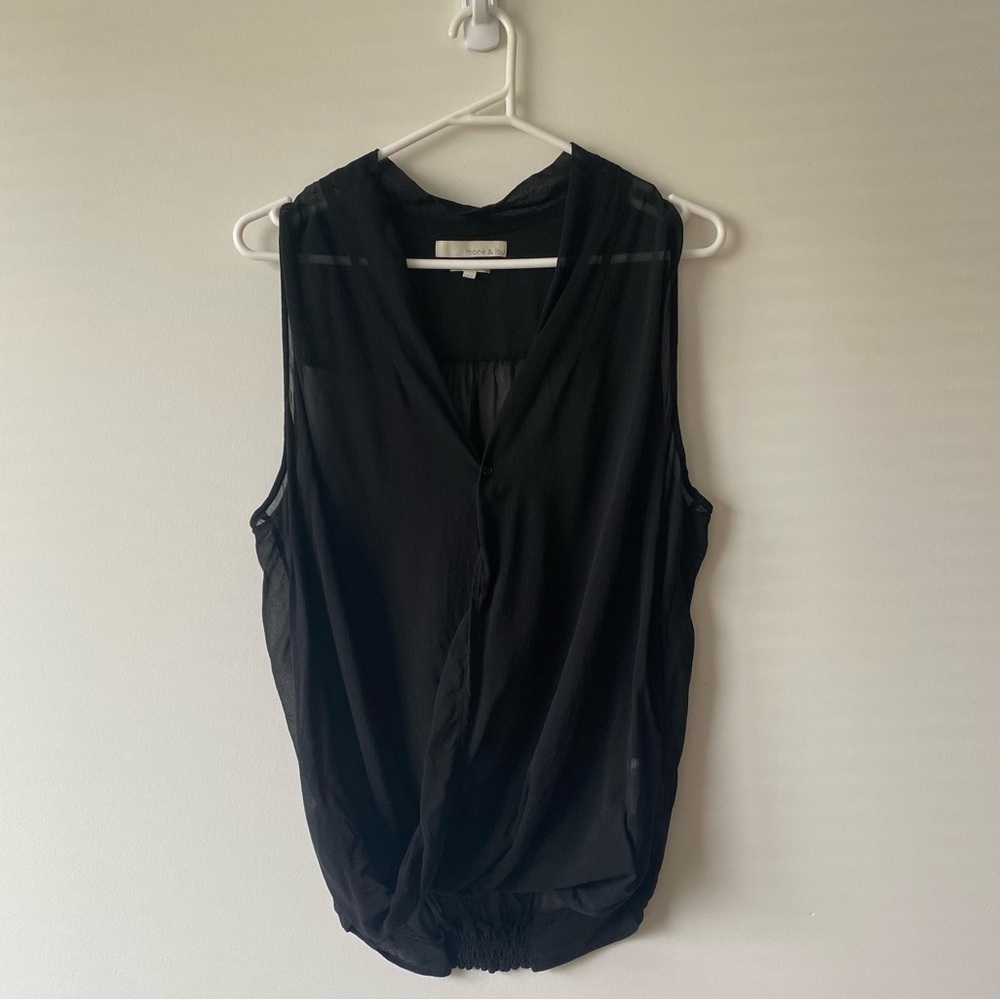 Monk & Lou 100% Silk V-Neck Band Collar Sheer Sleeveless Surplice Top